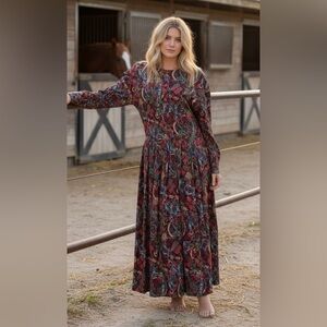 VTG 90s Talbots Maroon Midi Equestrian Print Dress Sz L Country Western Cowgirl